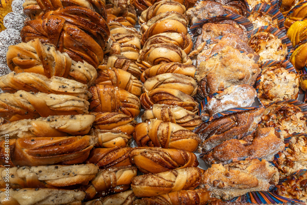 Stockholm, Sweden A bakery display of cinnamom buns and other pastries. Stockholm, Sweden A bakery display of cinnamom buns and other pastries.