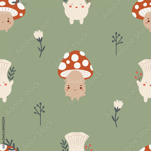 Vector seamless pattern with kawaii toadstool and agaric mushroom creatures, hand drawn cute background