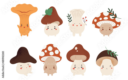 Set with eight different type mushroom creatures in cute kawaii design, hand drawn vector illustration isolated on white background