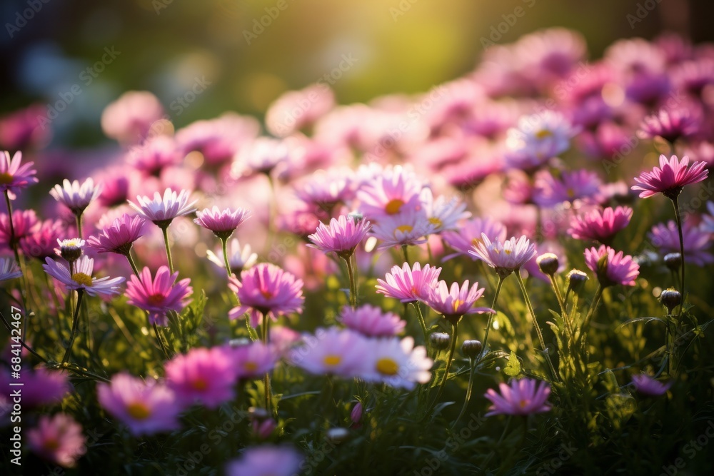 Enchanting Close-Up of Dainty Pink Daisies Adorned in Emerald Green Grass Generative AI
