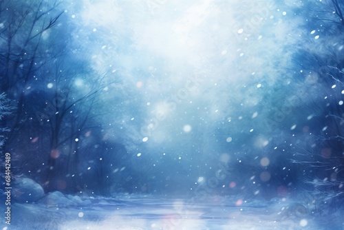 Magical Winter Wonderland  Exquisite Snowfall Against Luminous Blue Bokeh Lights Generative AI