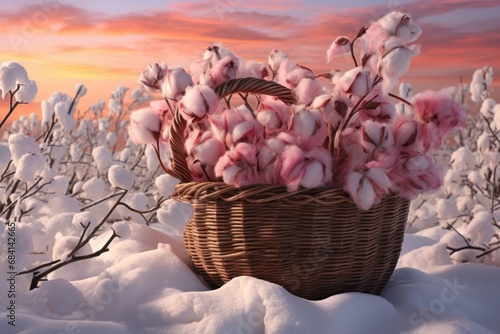 Breathtaking Sunrise Capturing Snow Flowers in a Basket: A Winter Masterpiece Generative AI