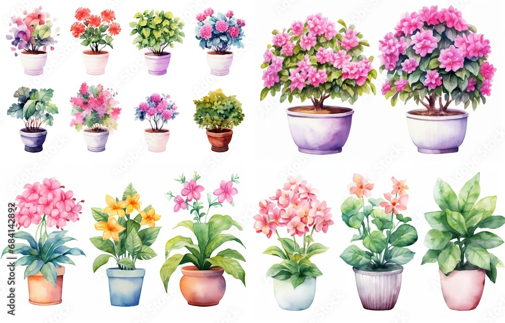 watercolor style illustration of various type of tropical flower pot plant, summer vibe collection set isolated on white background, Generative Ai