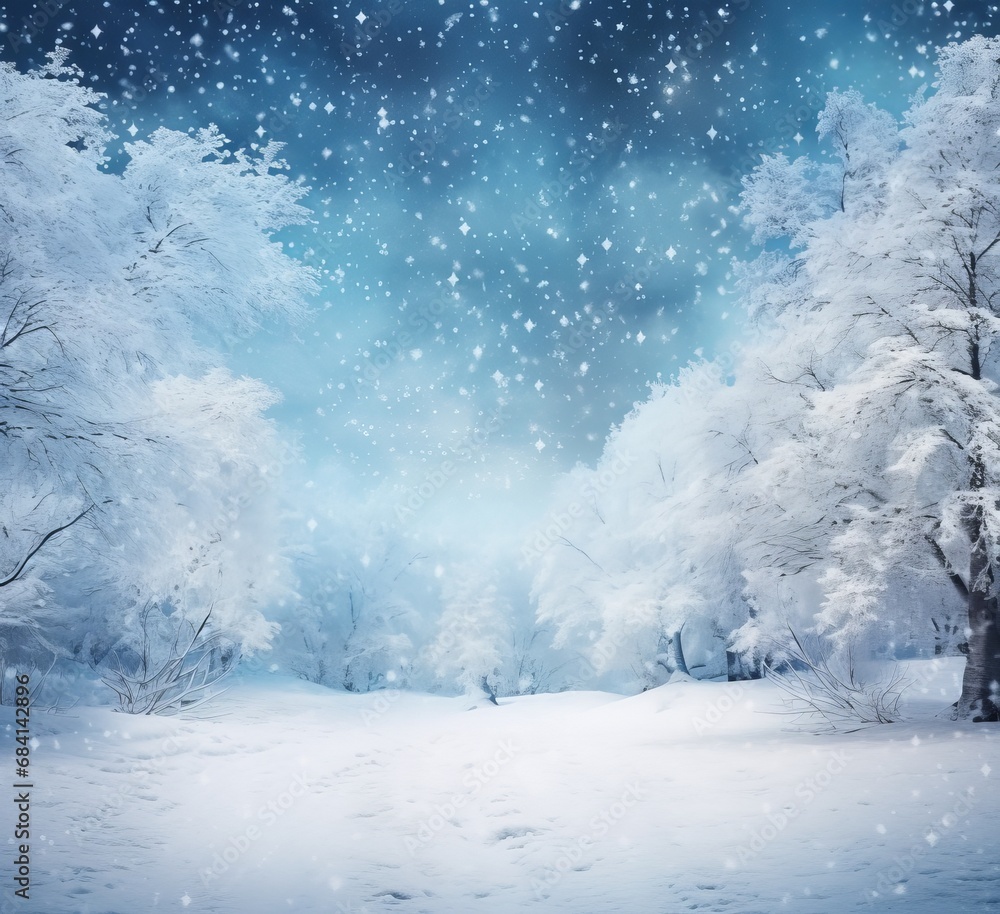 Stunning Winter Wonderland: Snowy Trees Amidst Magical Snowfall Generative AI