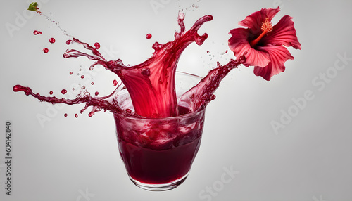 Hibiscus (Roselle, jamaica) juice splash isolated on white background. photo
