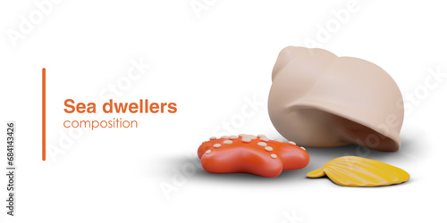 Sea creatures, dwellers, vector realistic composition. Starfish, shells of various types. Colored decorative elements from seabed. Creative design for web advertising