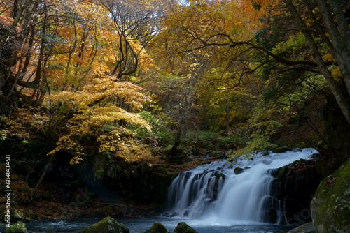 滝のある渓流の秋の風景