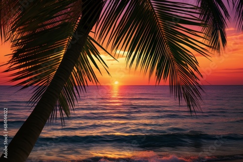 Paradise Found: Stunning Sunset Amidst Palm Leaves and Azure Seas Generative AI