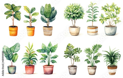 watercolor style illustration of various type of tropical foliage pot plant summer collection set isolated on white background  Generative Ai