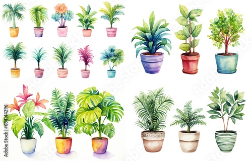 watercolor style illustration of various type of tropical foliage pot plant summer collection set isolated on white background, Generative Ai