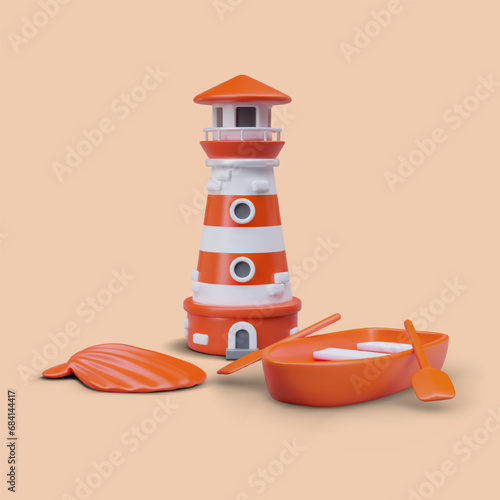 Realistic lighthouse, orange shell, and boat with oars on orange background. Beautiful composition with sea elements for postcard. Vector illustration in 3d style