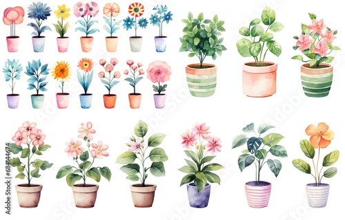 watercolor style illustration of various type of flower pot plant, summer and autumn collection set isolated on white background, Generative Ai