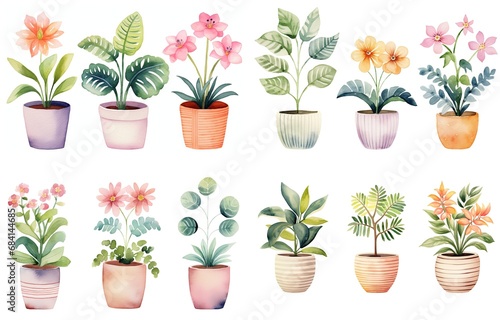 watercolor style illustration of various type of flower pot plant, summer and autumn collection set isolated on white background, Generative Ai