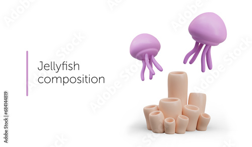 Jellyfish and corals composition concept. Exotic wildlife fish. Purple marine underwater inhabitant. Vector illustration in 3d style on white background