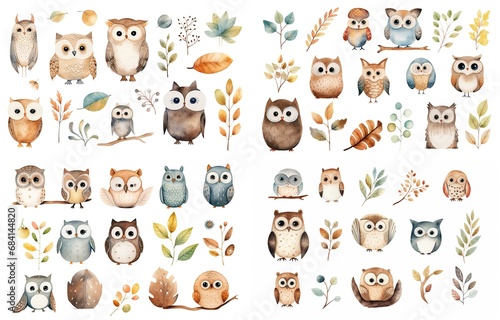 watercolor style illustration of cute owl bird and autumn foliage, winter and fall collection set isolated on white background, Generative Ai © QuietWord