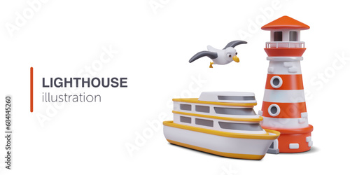 3D lighthouse, yacht, seagull. Sea travel concept. Ocean tour, shipping. Advertising vector composition on white background. Seascape. Cute color illustration
