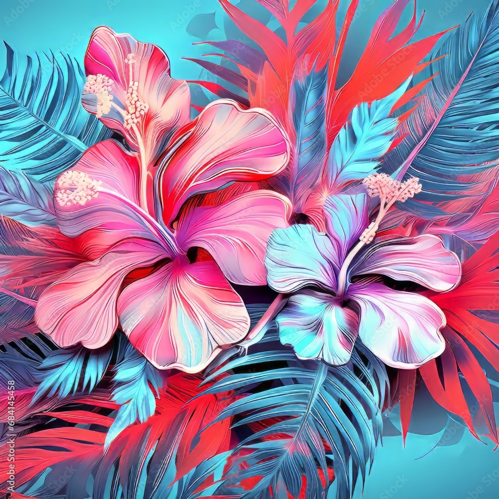 Explore the Paradise: Stunning Tropical Background With a Vibrant Splash of Pink & Blue! Generative AI