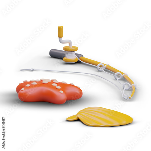 Spinning rod, starfish, scallop shell. Cute composition on white background. Fishing, collecting shellfish. Sea hunting. Bright natural ocean treasures