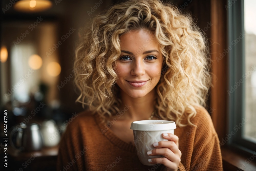 custom made wallpaper toronto digitalAttractive curly blonde young Woman holding a cup of coffee. Drink morning. A girl in a cozy house drinks a warm drink.