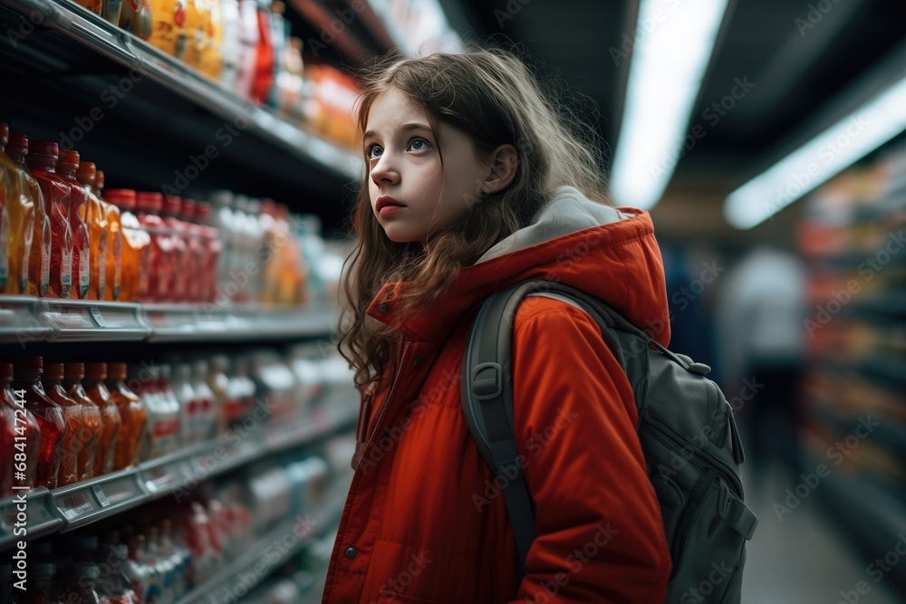 A young girl in a grocery store, lost in deep thought, gazes at the ground. Warm lighting casts a light beige glow on shelves filled with products, including vibrant orange-colored items A young girl in a grocery store, lost in deep thought, gazes at the ground. Warm lighting casts a light beige glow on shelves filled with products, including vibrant orange-colored items