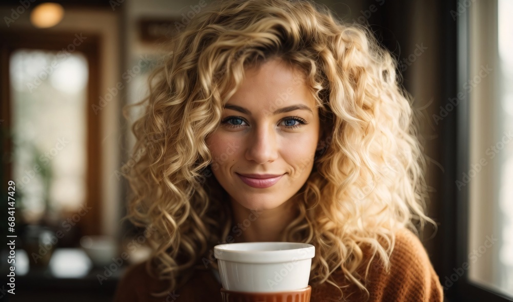 custom made wallpaper toronto digitalAttractive curly blonde young Woman holding a cup of coffee. Drink morning. A girl in a cozy house drinks a warm drink.
