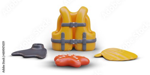 Life jacket, flipper, starfish, scallop shell. Set on white background. Vacationer accessories. Items for vacations at sea. Illustrations for scuba diving, tourist business