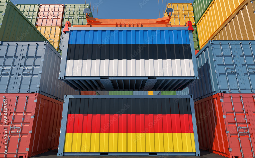 Fototapeta premium Cargo containers with Germany and Estonia national flags. 3D Rendering 