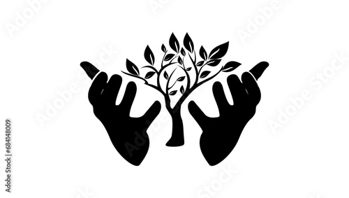 hands take care of the plant, black isolated silhouette