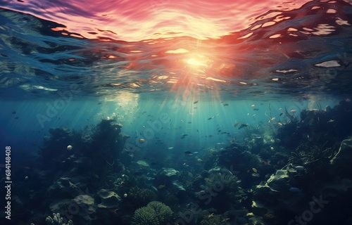 Vibrant underwater sunset with tropical vibes. Mysterious and enigmatic, this professional photograph captures the energy and dynamism of the underwater world. Impressive panoramas with unique visuals