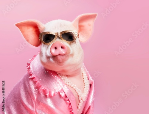 A pig in glam fashion outfits on a pink isolated background with space for text. In animal creative concept