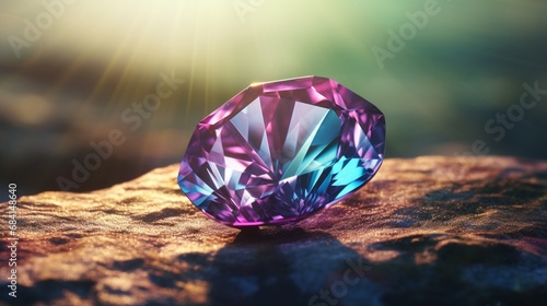 A detailed 8K image of an Alexandrite gemstone in a natural outdoor setting  basking in the soft glow of the setting sun. 4K  high resolution 8K  full ultra HD