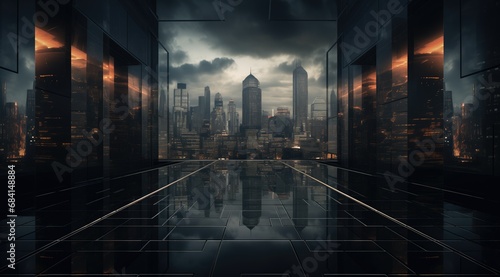 Futuristic cityscape with steel-framed tunnel, glassy skyscrapers, and detailed urban landscape. Dark, sharp-focus perspective showcasing modern architecture and innovative techniques