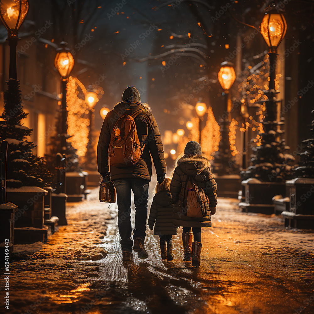 family walking on the street in front of some Christmas trees 02