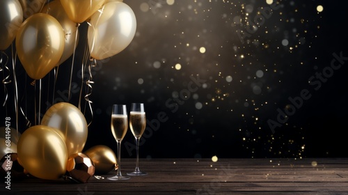 Foto Happy new year background with balloons and glasses of champagne, copy space, 16