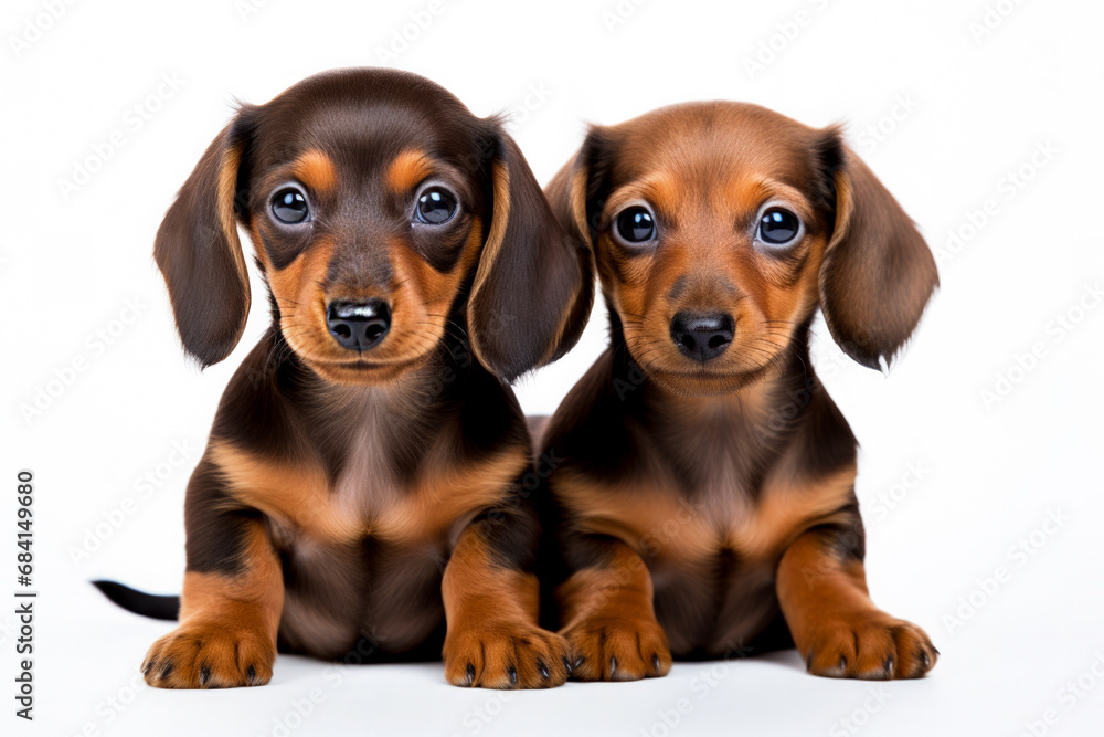 Two puppies isolated against a stark white backdrop sitting together 