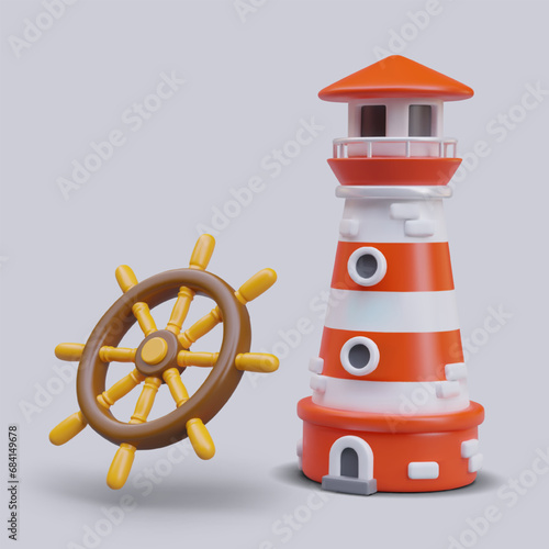 Collection with realistic lighthouse and steering wheel to control ship. Light as guide to sea. Poster with gray background. Vector illustration in 3d style