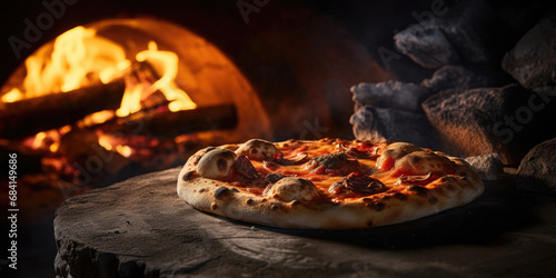 A fresh hot italian pizza from the stone oven with cheese, brown crust and delicious toppings on a dark and moody background