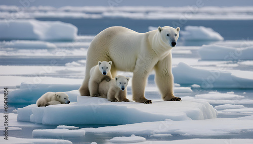 Polar bear mother with young cub on ice in the Viscount Melville Sound, Nunavut photo