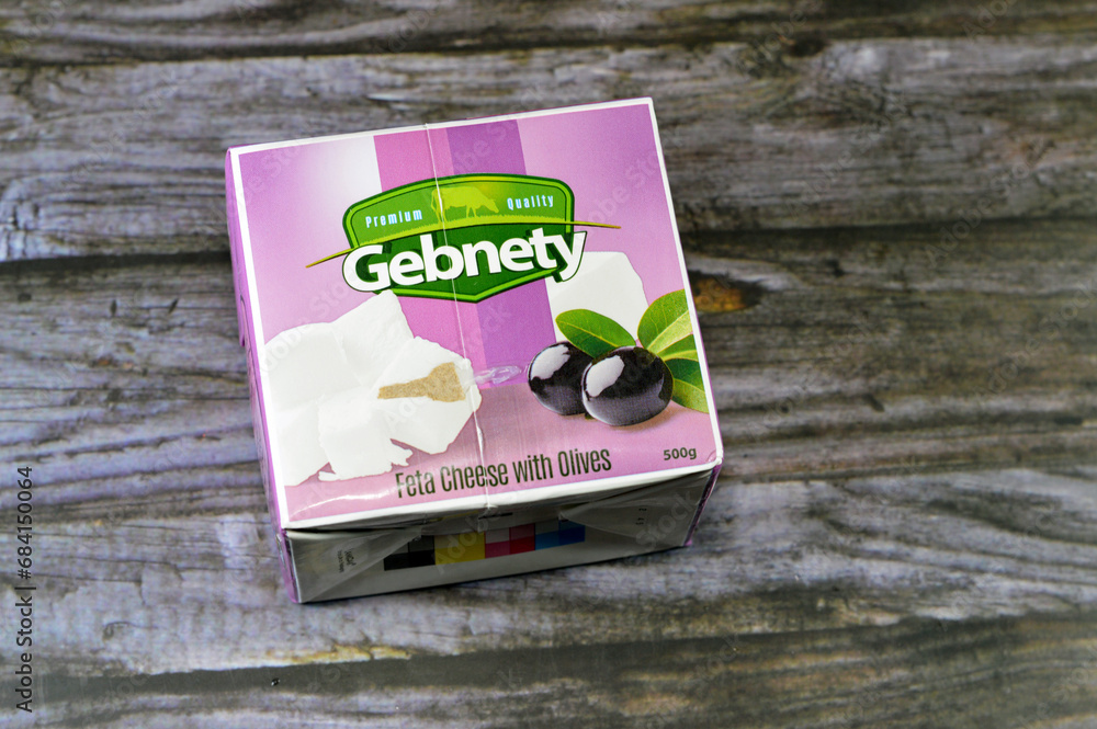 Cairo, Egypt, November 23 2023 feta cheese with olives, produced using pasteurized cow