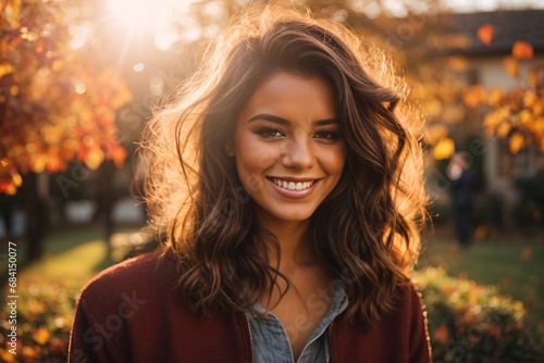 Smiling young brunette posing at a beautiful garden looking at the camera during late autumn sunset with a sun flares in the background, surrounded by friends and relatives.