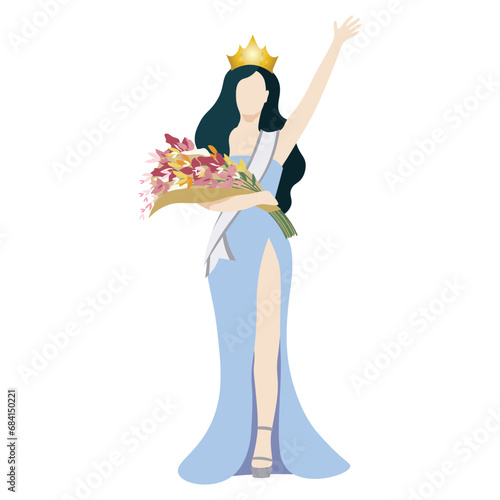 An elegant beauty queen winner in soft blue evening gown with sash and crown, and holding flower bouquet. Vector illustration on white background photo