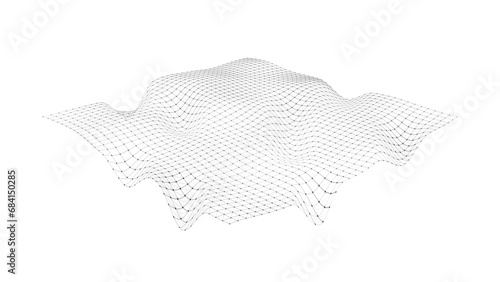 Abstract vector technology wave in the center with motion dots and lines. AI in virtual reality on digital background. Wireframe texture. Dynamic analysis a network connection data.