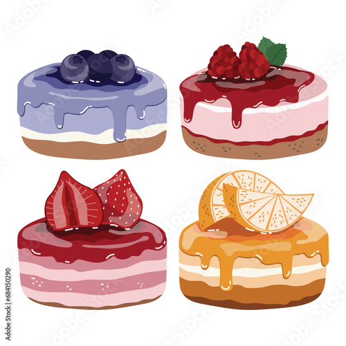 Delicious homemade cheesecake with fresh fruit topping consisted of blueberry, raspberry, strawberry, and sliced on range. Vector illustration on white background