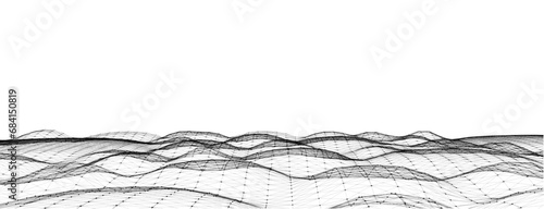 Abstract vector technology wave with motion glowing dots. Dark cyberspace in digital background. Connection big data. Futuristic wireframe texture. Dynamic analysis a network connection.