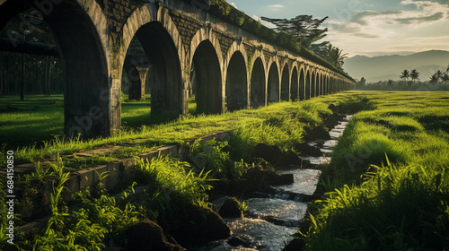 Aqueduct in a tropical setting, made from bamboo, water flowing into a lush paddy field, golden afternoon light