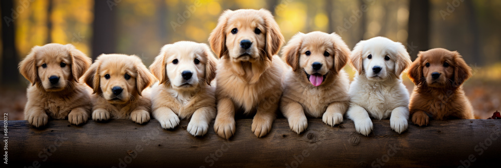 Obraz premium Five golden retriever puppies form an adorable energetic little litter 