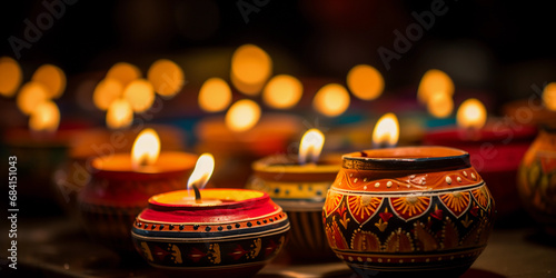 Diwali celebration, an array of traditional earthenware oil lamps, flames glowing in the night, festive and spiritual atmosphere