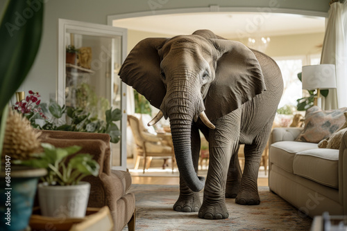 Elephant conspicuously standing in a house's living room unmistakably ignored  photo