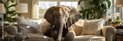 Elephant conspicuously standing in a house's living room unmistakably ignored  photo