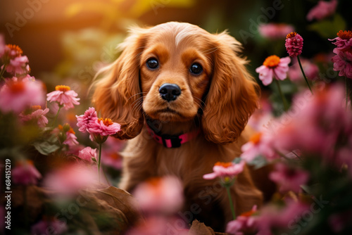Red American Cocker Spaniel puppy with adorable eyes amidst flowers 